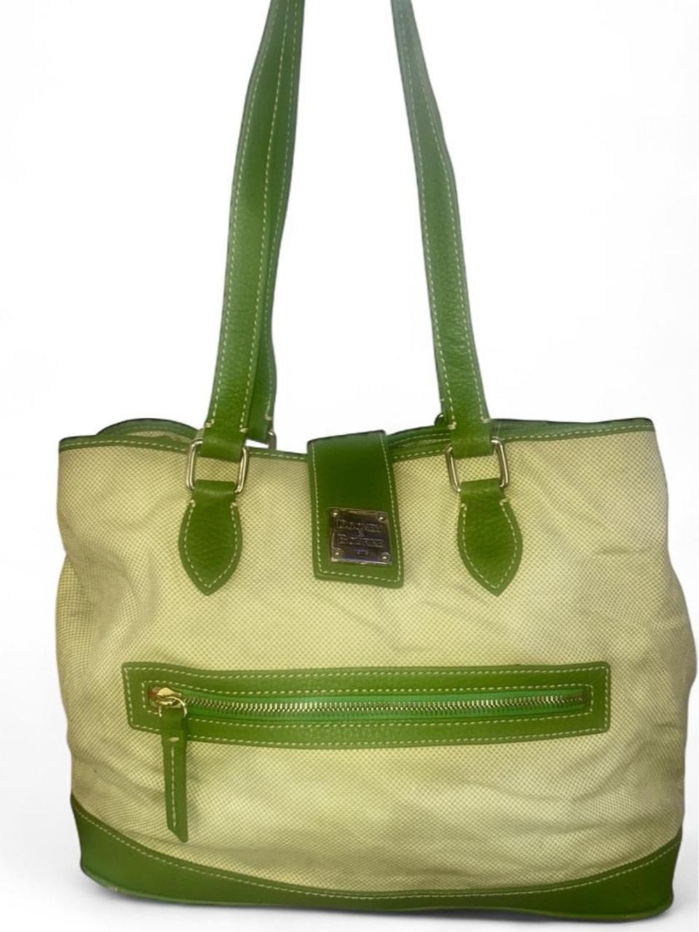 Dooney & Bourke Green Leather & Beige Canvas Large Shoulder Tote - Picture 4 of 7